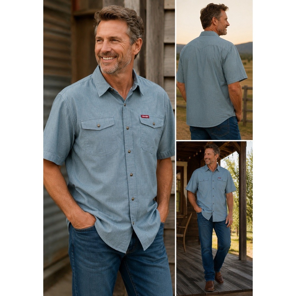 Wrangler Men's Relaxed Fit Short Sleeve Gray/Blue Button-Down Shirt 3X  Western